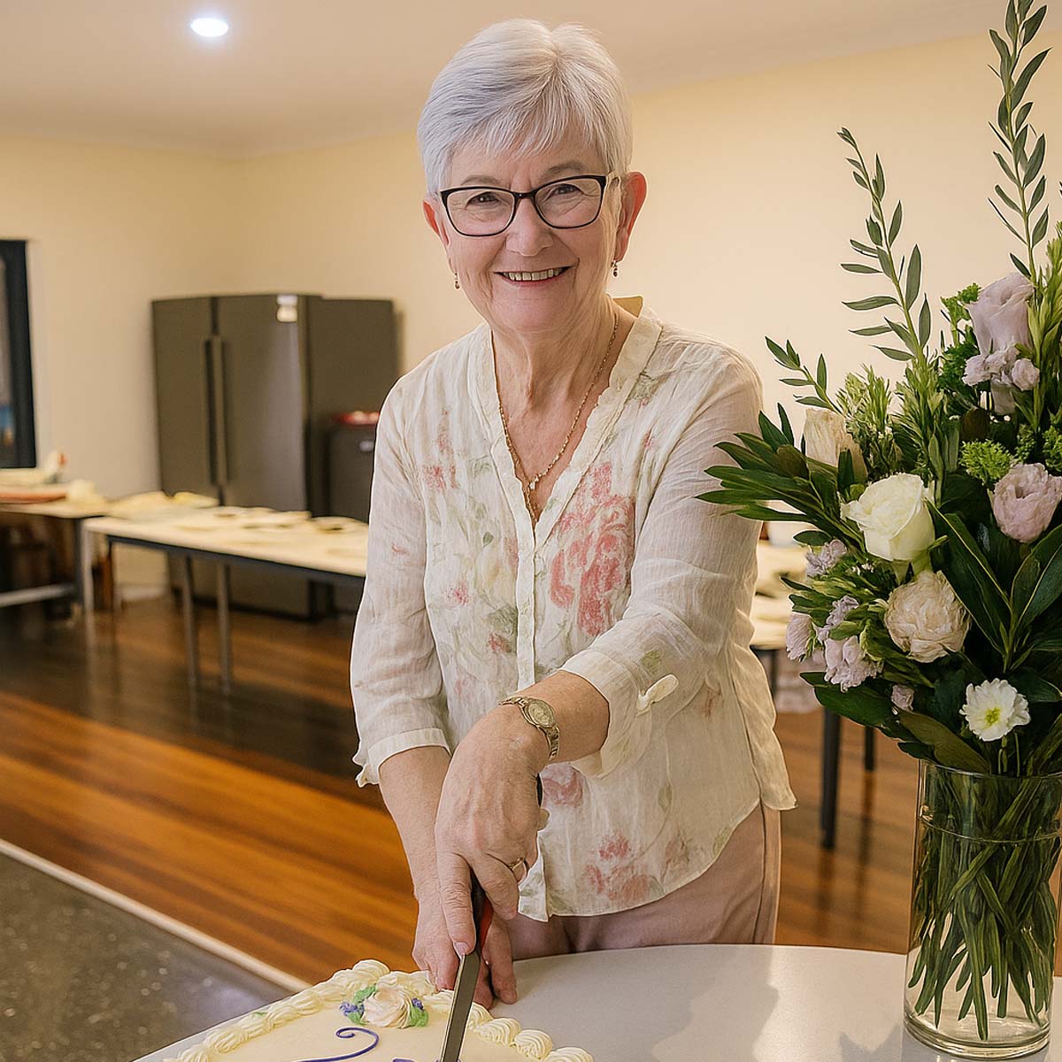 klm-financial-planners-margaret-1200px KLM Financial Planners client, Margaret, cutting a cake
